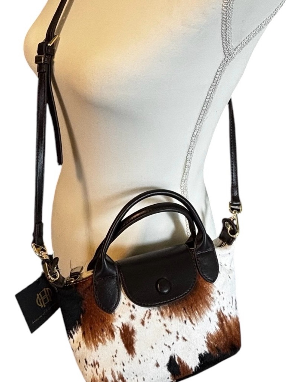 House of Harlow 1960 Brown, Black & White Cowhide Mini Crossbody Satchel - Picture 3 of 6